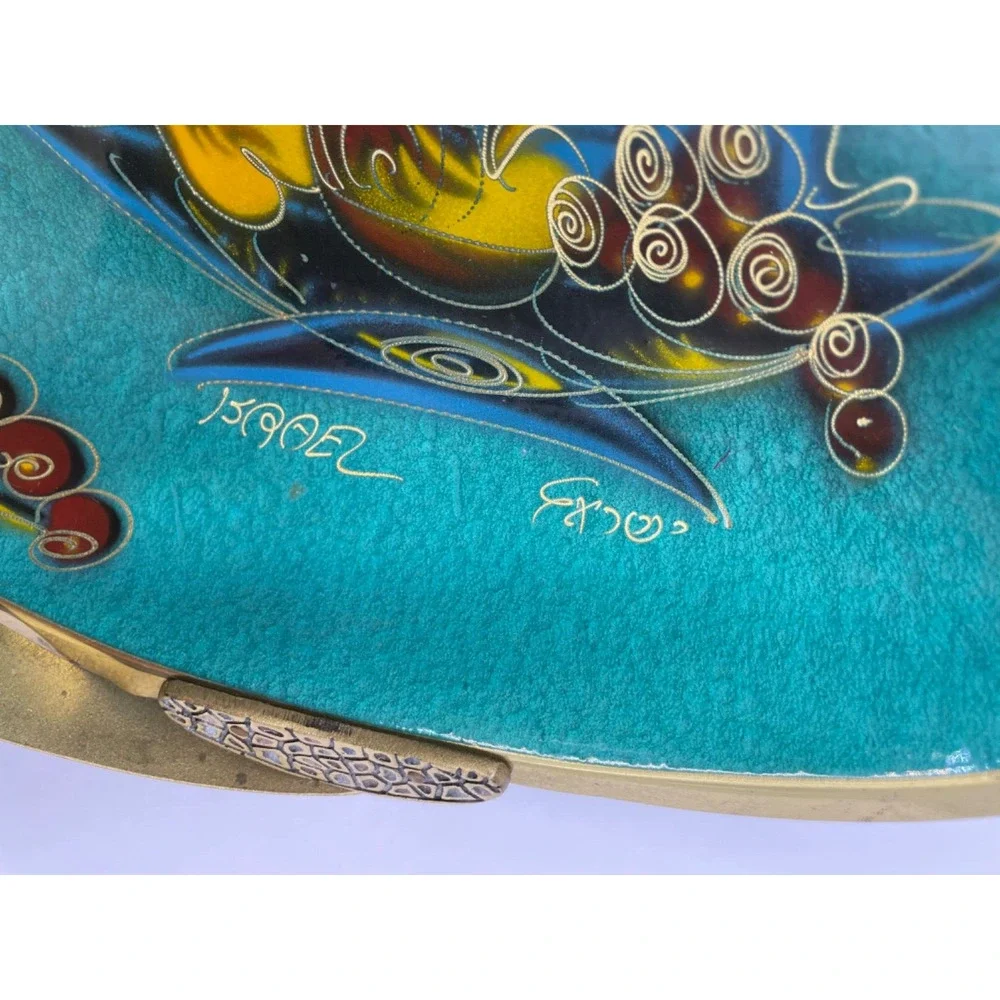 Vintage 1960s Brass Turquoise Enamel Basket With Handle Signed Made in Israel